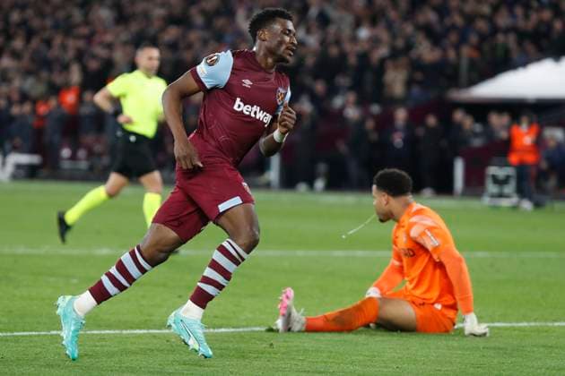 West Ham United v SC Freiburg UEFA Europa League Mohammed Kudus of West Ham United celebrates scoring his sides 4th goal during the UEFA Europa League Round of 16 Second Leg match at the London Stadium, Stratford Copyright: xPaulxChestertonx FIL-19832-0068 UK Newspapers OUT