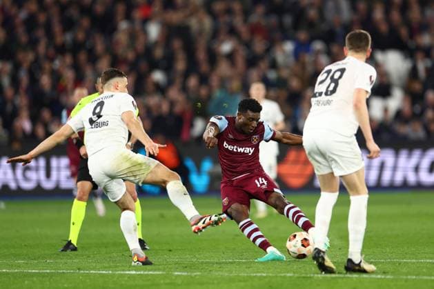Mohammed Kudus of West Ham United scoring a goal (5-0) West Ham United v Freiburg, UEFA Europa League, Round of 16, Second Leg, Football, London Stadium, London, UK - 14 Mar 2024 EDITORIAL USE ONLY No use with unauthorised audio, video, data, fixture lists, club league logos or live services. Online in-match use limited to 120 images, no video emulation. No use in betting, games or single club league player publications. Copyright: xSimonxDael Shutterstockx 14385551am