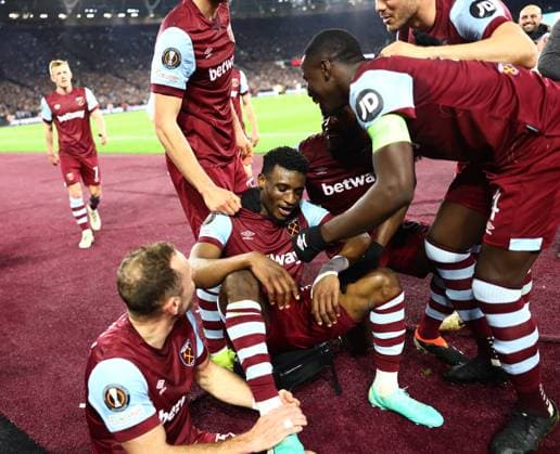 London, England, 14th March 2024.West Ham United s Mohammed Kudus celebrates scoring his goal during the UEFA Europa League Round of 16 match at the London Stadium, London. Picture credit should read: David Klein Sportimage EDITORIAL USE ONLY. No use with unauthorised audio, video, data, fixture lists, club league logos or live services. Online in-match use limited to 120 images, no video emulation. No use in betting, games or single club league player publications. SPI-3008-0027