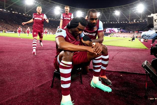 14th March 2024; London Stadium, London, England; Europa League Football, Round of 16, Second Leg, West Ham United versus SC Freiburg; Mohammed Kudus of West Ham United celebrates after he scores for 4-0 in the 77th minute  ActionPlus12617916 ShaunxBrooks