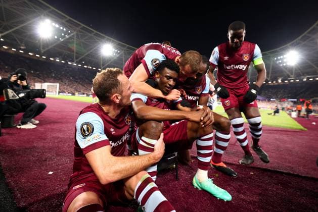 14th March 2024; London Stadium, London, England; Europa League Football, Round of 16, Second Leg, West Ham United versus SC Freiburg; Mohammed Kudus of West Ham United celebrates after he scores for 4-0 in the 77th minute  ActionPlus12617917 ShaunxBrooks