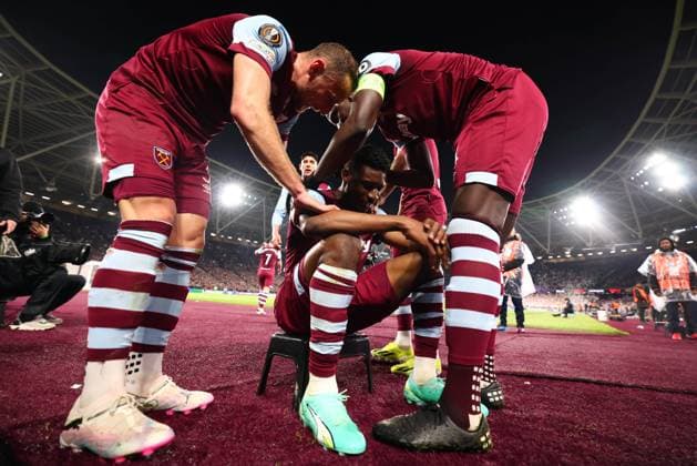 14th March 2024; London Stadium, London, England; Europa League Football, Round of 16, Second Leg, West Ham United versus SC Freiburg; Mohammed Kudus of West Ham United celebrates after he scores for 4-0 in the 77th minute  ActionPlus12617920 ShaunxBrooks