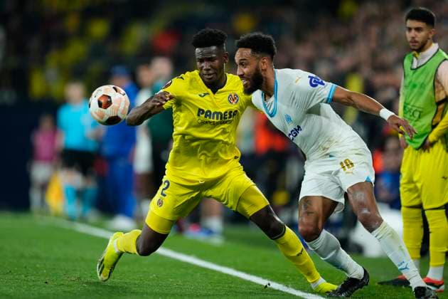 Villarreal CF v Olympique Marseille: Round of 16 Second Leg - UEFA Europa League 2023 24 Yerson Mosquera centre-back of Villarreal and Colombia and Pierre-Emerick Aubameyang Centre-Forward of Olympique Marseille and Gabon compete for the ball during the UEFA Europa League 2023 24 round of 16 second leg match between Villarreal CF and Olympique Marseille at Estadio de la Ceramica on March 14, 2024 in Villarreal, Spain. Villarreal Castellon Spain  Copyright: xJosexBretonx originalFilename:breton-villarre240314_npUzO.jpg