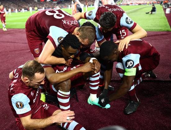 London, England, 14th March 2024.West Ham United s Mohammed Kudus celebrates scoring his goal during the UEFA Europa League Round of 16 match at the London Stadium, London. Picture credit should read: David Klein Sportimage EDITORIAL USE ONLY. No use with unauthorised audio, video, data, fixture lists, club league logos or live services. Online in-match use limited to 120 images, no video emulation. No use in betting, games or single club league player publications. SPI-3008-0031