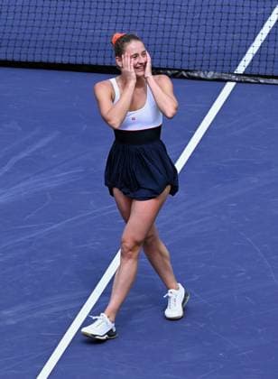 INDIAN WELLS, CA - MARCH 14: Marta Kostyuk (UKR) reacts after winning a WTA, Tennis Damen quarterfinals tennis match played on March 14, 2024 during the BNP Paribas Open played at the Indian Wells Tennis Garden in Indian Wells, CA. (Photo by John Cordes Icon Sportswire) TENNIS: MAR 14 BNP Paribas Open EDITORIAL USE ONLY Icon506240314008
