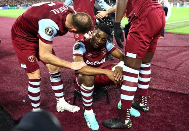 Sport Bilder des Tages London, England, 14th March 2024.West Ham United s Mohammed Kudus celebrates scoring his goal during the UEFA Europa League Round of 16 match at the London Stadium, London. Picture credit should read: David Klein Sportimage EDITORIAL USE ONLY. No use with unauthorised audio, video, data, fixture lists, club league logos or live services. Online in-match use limited to 120 images, no video emulation. No use in betting, games or single club league player publications. SPI-3008-0033