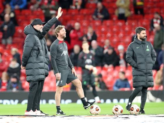 14th March 2024; Anfield, Liverpool, Merseyside, England; Europa League, Round of 16, Second Leg Football, Liverpool versus Sparta Prague; Liverpool manager Jurgen Klopp with his assistants Pepijn Lijnders and Andreas Kornmayer during the pre match warm up  ActionPlus12617925 DavidxBlunsden