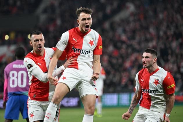 Matej Jurasek of Slavia Praha celebrates a goal during the Slavia Praha vs AC Milan football return match of the Europa League semi-final on March 14, 2024, Prague, Czech Republic. (CTKxPhoto MichalxKamaryt) CTKPhotoP2024031408216  CTKPhotoP2024031408216
