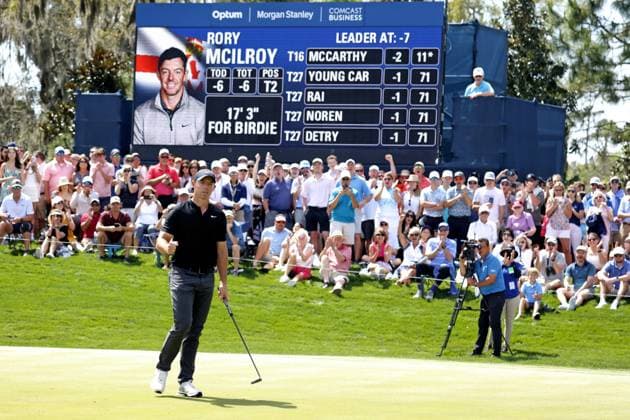 PONTE VEDRA BEACH, FL - MARCH 14: PGA, Golf Herren golfer Rory McIlroy reacts to making a birdie putt on the 9th hole to become co leader at 7 under par during The Players Championship on March 14, 2024, at TPC Sawgrass in Ponte Vedra Beach, Florida. (Photo by Brian Spurlock Icon Sportswire) GOLF: MAR 14 PGA THE PLAYERS Championship EDITORIAL USE ONLY Icon2403147