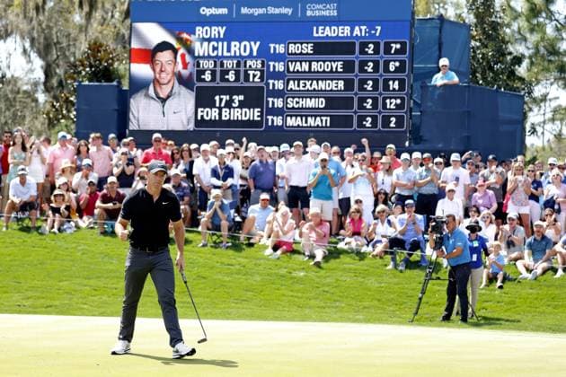 PONTE VEDRA BEACH, FL - MARCH 14: PGA, Golf Herren golfer Rory McIlroy reacts to making a birdie putt on the 9th hole to become co leader at 7 under par during The Players Championship on March 14, 2024, at TPC Sawgrass in Ponte Vedra Beach, Florida. (Photo by Brian Spurlock Icon Sportswire) GOLF: MAR 14 PGA THE PLAYERS Championship EDITORIAL USE ONLY Icon2403148