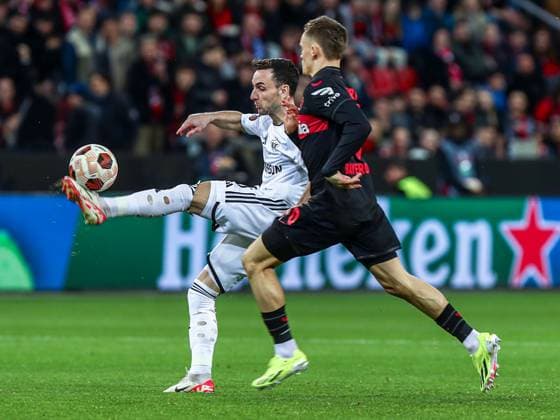 Florian Wirtz Bayer 04 Leverkusen, 10 in duel against Marco Jankovic Qarabag Agdam, 08 , GER, Bayer 04 Leverkusen vs Qarabag Agdam, UEFA Europa League 2023 24, Round of 16 second leg, 14 03 2024, GER, Bayer 04 Leverkusen vs Qarabag Agdam, UEFA Europa League 2023 24, Round of 16 second leg, 14 03 2024, Photo Eibner Pressefoto Gabriel Boia Leverkusen Copyright: xGabrielxBoiax EP_EER