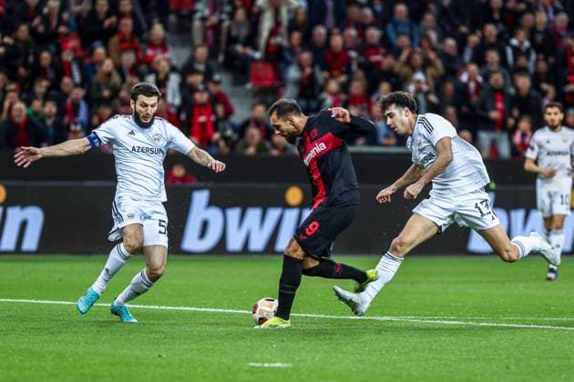 Borja Iglesias Bayer 04 Leverkusen, 09 in duel against Badavi Huseynov Qarabag Agdam, 55 , GER, Bayer 04 Leverkusen vs Qarabag Agdam, UEFA Europa League 2023 24, Round of 16 second leg, 14 03 2024, GER, Bayer 04 Leverkusen vs Qarabag Agdam, UEFA Europa League 2023 24, Round of 16 second leg, 14 03 2024, Photo Eibner Pressefoto Gabriel Boia Leverkusen Copyright: xGabrielxBoiax EP_EER