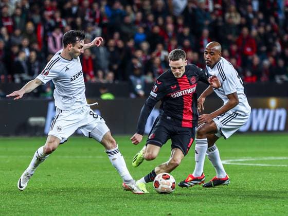 Florian Wirtz Bayer 04 Leverkusen, 10 in duel against Marco Jankovic Qarabag Agdam, 08 and Julio Rodriguz Romao Qarabag Agdam, 06 , GER, Bayer 04 Leverkusen vs Qarabag Agdam, UEFA Europa League 2023 24, Round of 16 second leg, 14 03 2024, GER, Bayer 04 Leverkusen vs Qarabag Agdam, UEFA Europa League 2023 24, Round of 16 second leg, 14 03 2024, Photo Eibner Pressefoto Gabriel Boia Leverkusen Copyright: xGabrielxBoiax EP_EER