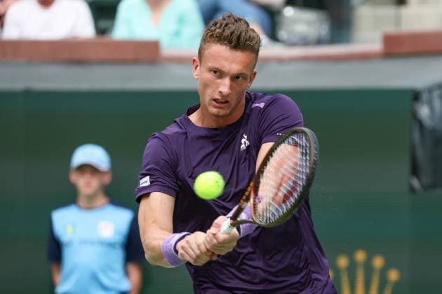 INDIAN WELLS, CA - MARCH 14: Jiri Lehecka (CZE) hits a backhand during the BNP Paribas Open on March 14, 2024 at Indian Wells Tennis Garden in Indian Wells, CA. (Photo by George Walker Icon Sportswire) TENNIS: MAR 14 BNP Paribas Open EDITORIAL USE ONLY Icon240314009
