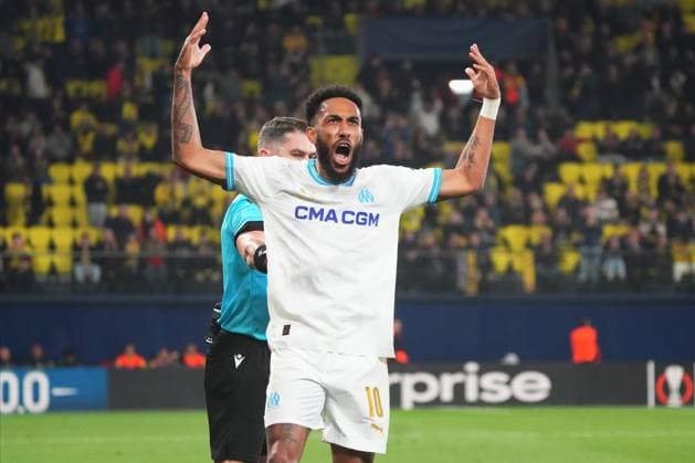 ESP: Villarreal CF and Olympique Marseille. UEFA Champions League match. Round of 16. Pierre-Emerick Aubameyang of Olympique Marseille celebrates the Jonathan Clauss goal during the UEFA Europa League match, Round of 16, second leg, between Villarreal CF and Olympique Marseille played at La Ceramica Stadium on March 14, 2024 in Villarreal, Spain. kpng Copyright: xSergioxRuizx xPRESSINPHOTOx AC_240314_594