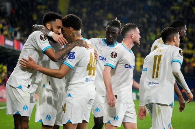 ESP: Villarreal CF and Olympique Marseille. UEFA Champions League match. Round of 16. Pierre-Emerick Aubameyang of Olympique Marseille celebrates with his teammates the Jonathan Clauss goal during the UEFA Europa League match, Round of 16, second leg, between Villarreal CF and Olympique Marseille played at La Ceramica Stadium on March 14, 2024 in Villarreal, Spain. kpng Copyright: xSergioxRuizx xPRESSINPHOTOx AC_240314_605