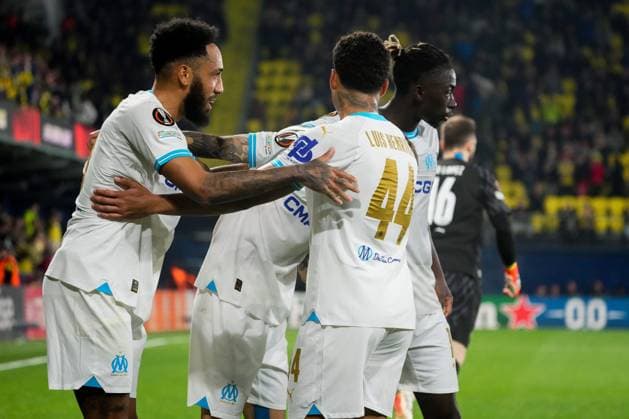 ESP: Villarreal CF and Olympique Marseille. UEFA Champions League match. Round of 16. Pierre-Emerick Aubameyang of Olympique Marseille celebrates with his teammates the Jonathan Clauss goal during the UEFA Europa League match, Round of 16, second leg, between Villarreal CF and Olympique Marseille played at La Ceramica Stadium on March 14, 2024 in Villarreal, Spain. kpng Copyright: xSergioxRuizx xPRESSINPHOTOx AC_240314_606