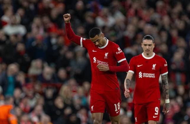 Football - UEFA Europa League - Round of 16 2nd Leg - Liverpool FC v AC Sparta Praha LIVERPOOL, ENGLAND - Thursday, March 14, 2024: Liverpool s Cody Gakpo celebrates after scoring the fourth goal during the UEFA Europa League Round of 16 2nd Leg match between Liverpool FC and AC Sparta Praha at Anfield. (Photo by David Rawcliffe Propaganda) LIVERPOOL Anfield MERSEYSIDE ENGLAND  Copyright: xDavidxRawcliffex P2024-03-14-Liverpool_Sparta_Praha-28