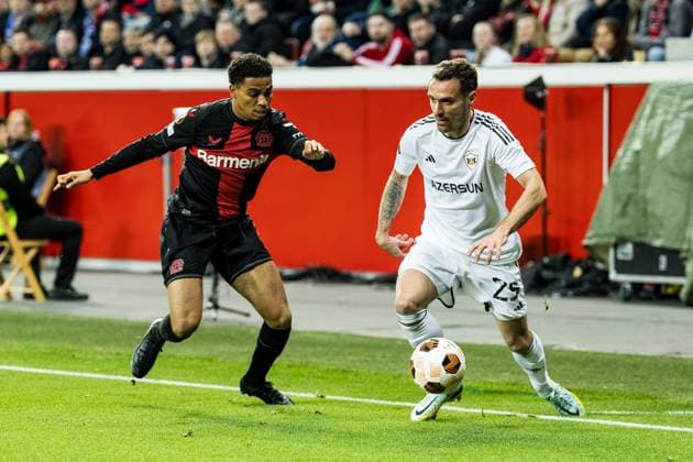 UEFA Europa League Bayer 04 Leverkusen Qarabag Agdam 14 03 2024 duel Amine Adli Bayer 04 Leverkusen, 21 , Marko Vesovic Qarabag Agdam, 29 UEFA Europa League Bayer 04 Leverkusen Qarabag Agdam, BayArena Leverkusen on 14 03 2024 Copyright: xBEAUTIFULxSPORTS Wunderlx