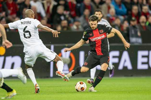 Duel between Julio Romao Qarabag Agdam, 06 and Jonas Hofmann Bayer 04 Leverkusen, 07 Football UEFA Europa League, Season 2023 2024, Round of 16, Second leg, Bayer 04 Leverkusen Qarabag FK on 14 03 2024 at BayArena in Leverkusen Photo Kirchner Media TH Copyright: xKirchner-Media THx