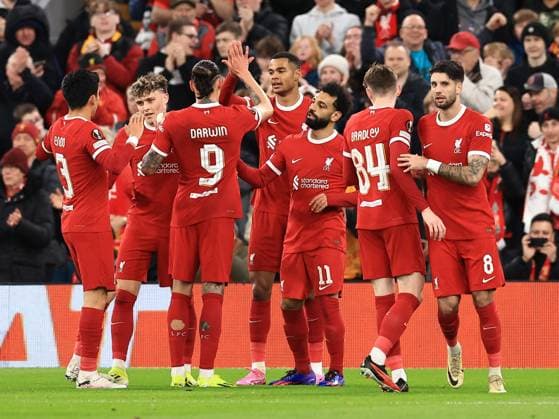 Liverpool FC v AC Sparta Prague Cody Gakpo of Liverpool scores his sides fourth goal of the match and celebrates with team mates during the Liverpool FC v AC Sparta Prague Last 16, 2nd Leg UEFA Europa League match at Anfield, Liverpool, England, United Kingdom on 14 March 2024 Editorial use only. All images are copyright Every Second Media Limited. No images may be reproduced without prior permission. Copyright: xIMAGO EveryxSecondxMediax ESM-0951-0048
