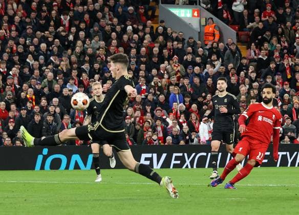 14th March 2024; Anfield, Liverpool, Merseyside, England; Europa League, Round of 16, Second Leg Football, Liverpool versus Sparta Prague; Mohammed Salah of Liverpool scores his side& x2019;s third goal after 10 minutes  ActionPlus12617958 DavidxBlunsden