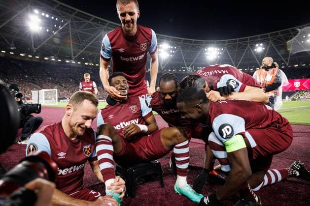 Mohammed Kudus of West Ham United celebrates after scoring a goal (4-0) West Ham United v Freiburg, UEFA Europa League, Round of 16, Second Leg, Football, London Stadium, London, UK - 14 Mar 2024 EDITORIAL USE ONLY No use with unauthorised audio, video, data, fixture lists, club league logos or live services. Online in-match use limited to 120 images, no video emulation. No use in betting, games or single club league player publications. Copyright: xSimonxDael Shutterstockx 14385551bs