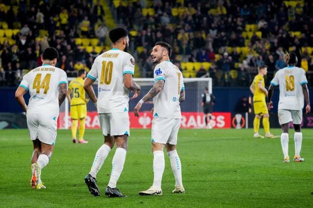 ESP: Villarreal CF and Olympique Marseille. UEFA Champions League match. Round of 16. Jonathan Clauss of Olympique Marseille celebrates after scoring goal with his teammate Pierre-Emerick Aubameyang during the UEFA Europa League match, Round of 16, second leg, between Villarreal CF and Olympique Marseille played at La Ceramica Stadium on March 14, 2024 in Villarreal, Spain. kpng Copyright: xAlexxCarrerasx xImagox AC_240314_610