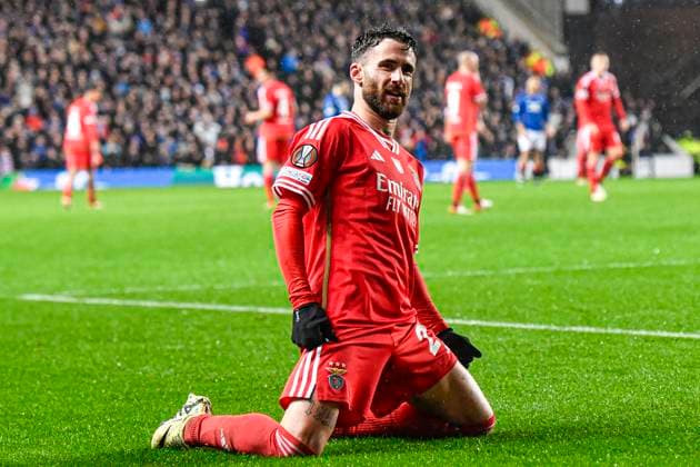 Rangers v Benfica UEFA Europa League Rafa of Benfica scores their sides first goal of the match and celebrates his sides goal during the UEFA Europa League Round of 16 Second Leg match at Ibrox Stadium, Glasgow Copyright: xJamiexJohnstonx FIL-19833-0104 UK Newspapers OUT