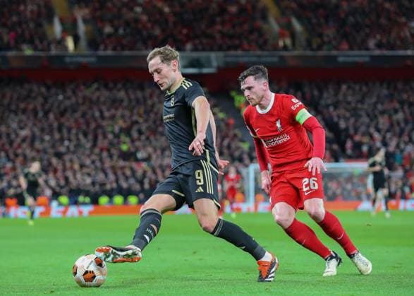 UEFA Europa League Liverpool v Sparta Prague Jan Kuchta of Athletic Club Sparta Praha controls the ball, during the UEFA Europa League match Liverpool vs Sparta Prague at Anfield, Liverpool, United Kingdom, 14th March 2024 (Photo by Gareth Evans News Images) Liverpool Anfield Merseyside United Kingdom Copyright: xGarethxEvans NewsxImagesx