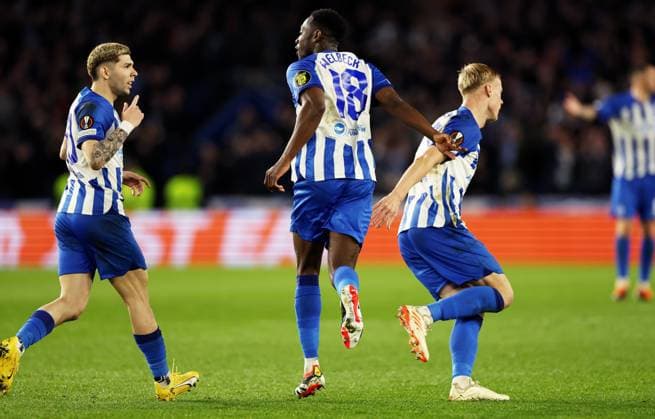 Danny Welbeck of Brighton & Hove Albion celebrates scoring a goal after making the score 1-0. Brighton & Hove Albion v Roma, UEFA Europa League, Round of 16, Second Leg, Football, American Express Community Stadium, Brighton, UK - 14 Mar 2024 EDITORIAL USE ONLY No use with unauthorised audio, video, data, fixture lists, club league logos or live services. Online in-match use limited to 120 images, no video emulation. No use in betting, games or single club league player publications. Copyright: xJamesxMarsh Shutterstockx 14385548ag