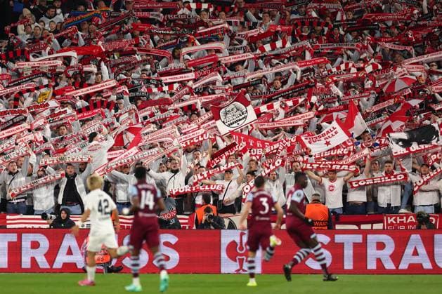 14th March 2024; London Stadium, London, England; Europa League Football, Round of 16, Second Leg, West Ham United versus SC Freiburg; SC Freiburg fans  ActionPlus12617967 ShaunxBrooks