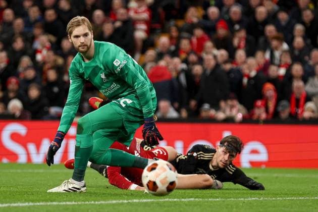 Veljko Birmancevic of Sparta Prague scores to make it 4-1 Liverpool v Sparta Prague, UEFA Europa League, Round of 16, Second Leg, Football, Anfield, Liverpool, UK - 14 Mar 2024 EDITORIAL USE ONLY No use with unauthorised audio, video, data, fixture lists, club league logos or live services. Online in-match use limited to 120 images, no video emulation. No use in betting, games or single club league player publications. Copyright: xPaulxCurrie Shutterstockx 14385501ak