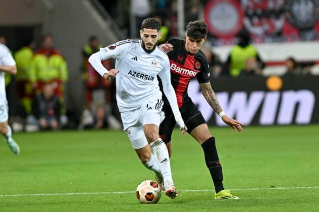 from left in duel Yassine Benzia 7, Qarabag Agdam Piero Hincapie 3, Bayer Leverkusen 14 03 2024 Soccer Europa League, Bayer 04 Leverkusen vs Qarabag FK, BayArena, Leverkusen, NRW Germany Copyright: xpepphotox xHorstxMauelshagenx pep00321, pep_20240314_hm