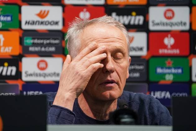 Soccer UEFA Europa League 2023 2024, Round of 16, West Ham United SC Freiburg, London Olympic Stadium Freiburg coach Christian Streich press conference, interview, talk London Olympic Stadium England Copyright: xJoeranxSteinsiekx