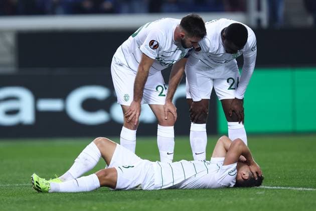 Pedro Goncalves (Sporting Clube de Portugal) injured, UEFA Europa League 2023 2024 - Round of 16 second leg, Atalanta vs Sporting CP, Gewiss Stadium, March 14, 2024, Bergamo, Italy.