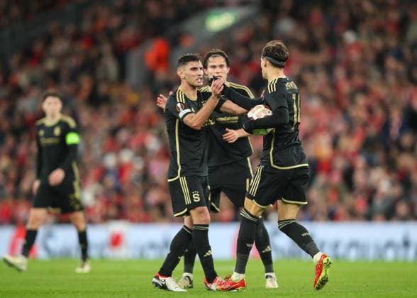 UEFA Europa League Liverpool v Sparta Prague Veljko BirmanÄeviÄ‡ of Athletic Club Sparta Praha celebrates his goal to make it 4-1, during the UEFA Europa League match Liverpool vs Sparta Prague at Anfield, Liverpool, United Kingdom, 14th March 2024 (Photo by Gareth Evans News Images) Liverpool Anfield Merseyside United Kingdom Copyright: xGarethxEvans NewsxImagesx