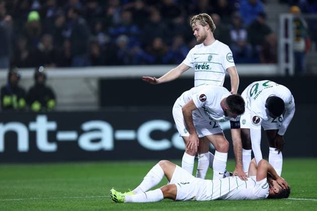 Pedro Goncalves (Sporting Clube de Portugal) injured, UEFA Europa League 2023 2024 - Round of 16 second leg, Atalanta vs Sporting CP, Gewiss Stadium, March 14, 2024, Bergamo, Italy.
