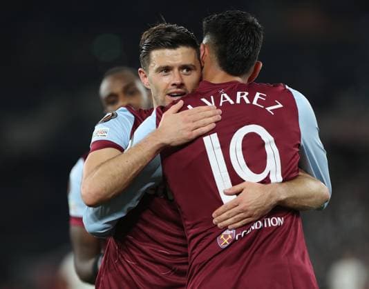 . - West Ham United v SC Freiburg, UEFA Europa League, Round Of 16, 2nd Leg, London Stadium, London, UK - 14th March 2024. GOAL Aaron Cresswell of West Ham United goal celebration. - West Ham United v SC Freiburg, UEFA Europa League, Round Of 16, 2nd Leg, London Stadium, London, UK - 14th March 2024. London London Stadium UK Copyright: xDanxWeirx CP_West_Ham_SC_Freiburg_06