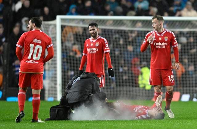 Glasgow, Scotland, 14th March 2024. çngel Di Mar’a of Benfica gets treatment during the UEFA Europa League Round of 16 match at Ibrox Stadium, Glasgow. Picture credit should read: Neil Hanna Sportimage EDITORIAL USE ONLY. No use with unauthorised audio, video, data, fixture lists, club league logos or live services. Online in-match use limited to 120 images, no video emulation. No use in betting, games or single club league player publications. SPI-3007-0015