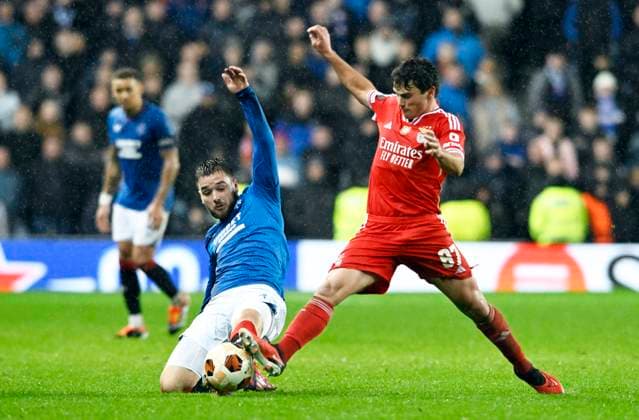 Glasgow, Scotland, 14th March 2024. Nicolas Raskin of Rangers and Jo‹o Neves of Benfica during the UEFA Europa League Round of 16 match at Ibrox Stadium, Glasgow. Picture credit should read: Neil Hanna Sportimage EDITORIAL USE ONLY. No use with unauthorised audio, video, data, fixture lists, club league logos or live services. Online in-match use limited to 120 images, no video emulation. No use in betting, games or single club league player publications. SPI-3007-0033