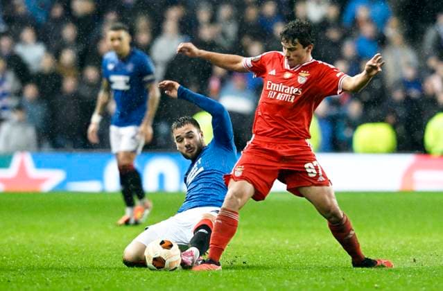 Glasgow, Scotland, 14th March 2024. Nicolas Raskin of Rangers and Jo‹o Neves of Benfica during the UEFA Europa League Round of 16 match at Ibrox Stadium, Glasgow. Picture credit should read: Neil Hanna Sportimage EDITORIAL USE ONLY. No use with unauthorised audio, video, data, fixture lists, club league logos or live services. Online in-match use limited to 120 images, no video emulation. No use in betting, games or single club league player publications. SPI-3007-0034