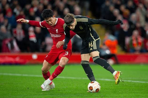 Liverpool v Sparta Prague Europa League 14 03 2024. Round of 16 GOAL 4-1 Sparta Prague Midfielder Veljko BirmanÄeviÄ‡ (14) scores during the Europa League Round of 16, second leg match between Liverpool and Sparta Prague at Anfield, Liverpool, England on 14 March 2024. Editorial use only , Copyright: xIanxStephenx PSI-19248-0007