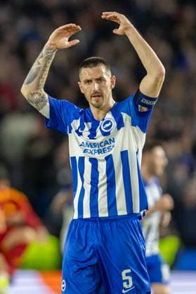 Brighton and Hove Albion v Roma Europa League 14 03 2024. Round of 16 Brighton & Hove Albion FC defender Lewis Dunk (5) celebrates his goal during the Europa League round of 16 second leg match between Brighton and Hove Albion and Roma at the American Express Stadium, Brighton and Hove, England on 14 March 2024. Brighton and Hove American Express Stadium East Sussex England Editorial use only , Copyright: xJanexStokesx PSI-19250-0021