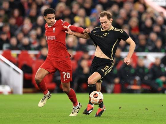 Liverpool FC v AC Sparta Prague Jan Kuchta of Sparta Prague feels pressure from Jarell Quansah of Liverpool during the Liverpool FC v AC Sparta Prague Last 16, 2nd Leg UEFA Europa League match at Anfield, Liverpool, England, United Kingdom on 14 March 2024 Editorial use only. All images are copyright Every Second Media Limited. No images may be reproduced without prior permission. Copyright: xIMAGO EveryxSecondxMediax ESM-0951-0068