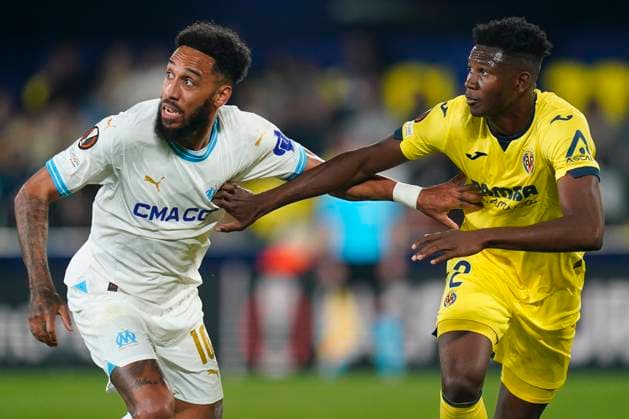 ESP: Villarreal CF and Olympique Marseille. UEFA Champions League match. Round of 16. Pierre-Emerick Aubameyang of Olympique Marseille and Yerson Mosquera of Villarreal CF during the UEFA Europa League match, Round of 16, second leg, between Villarreal CF and Olympique Marseille played at La Ceramica Stadium on March 14, 2024 in Villarreal, Spain. kpng Copyright: xSergioxRuizx xPRESSINPHOTOx PS_240314_625