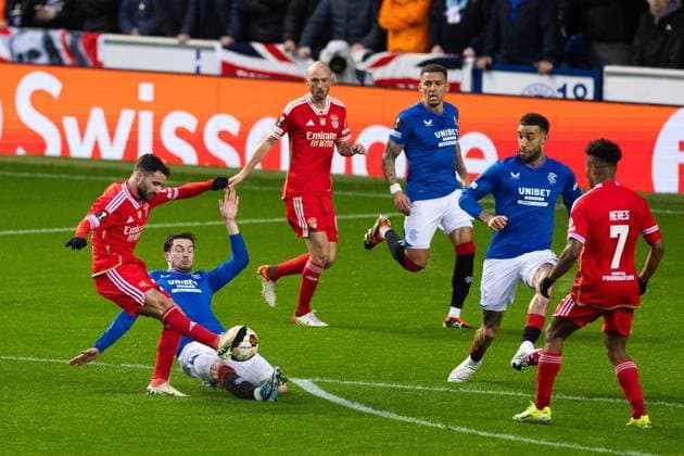 Scott Wright of Rangers blocks the ab;; during the Europa League match at Ibrox Stadium, Glasgow. Rangers v Benfica, UEFA Europa League, Round of 16, Second Leg, Football, Ibrox Stadium, Glasgow, UK - 14 Mar 2024 EDITORIAL USE ONLY No use with unauthorised audio, video, data, fixture lists, club league logos or live services. Online in-match use limited to 120 images, no video emulation. No use in betting, games or single club league player publications. Copyright: xKirkxO Rourke RangersxFC Shutterstockx 14389044cb