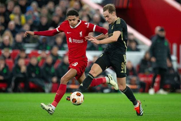 Liverpool v Sparta Prague Europa League 14 03 2024. Round of 16 Liverpool defender Jarell Quansah (78) battles with Sparta Prague Forward Jan Kuchta (9) during the Europa League Round of 16, second leg match between Liverpool and Sparta Prague at Anfield, Liverpool, England on 14 March 2024. Editorial use only , Copyright: xIanxStephenx PSI-19248-0020