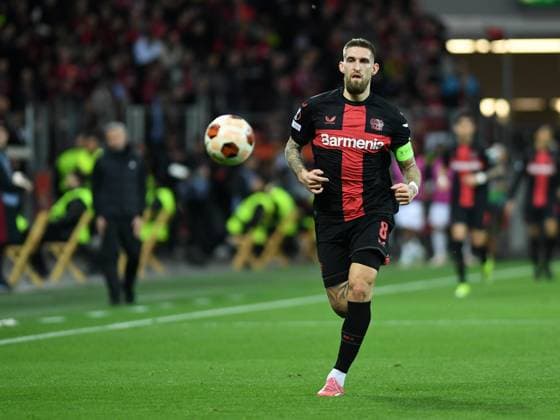 14 03 2024, Leverkusen, Germany, BayARENA, Bayer Leverkusen vs Qarabag FK UEFA Europa League 2023 2024 Round of 16 second leg, Robert Andrich Bayer 04 Leverkusen looks on Photo Ralf Treese Leverkusen BayARENA North Rhine Westphalia Germany 521_LEVQUA202403134_010 Treese-521