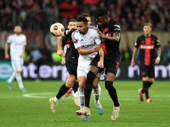 14 03 2024, Leverkusen, Germany, BayARENA, Bayer Leverkusen vs Qarabag FK UEFA Europa League 2023 2024 Round of 16 second leg, Leandro Andrade Qarabag Agdam and Edmond Tapsoba Bayer 04 Leverkusen in a duel Photo Ralf Treese Leverkusen BayARENA North Rhine Westphalia Germany 521_LEVQUA202403134_012 Treese-521